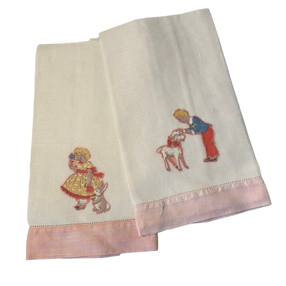Vintage Handmade Linen Kids Tea Towels‎ 24x14
